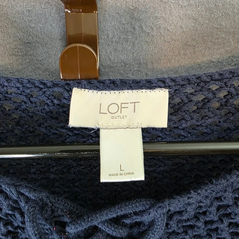 LOFT Outlet Navy Blue Open Knit Crochet Sweater Large L Lace Up Tassel Boho